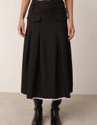 elsa.m by may Fustă Neagră Plisată Cloș cu Imitație Buzunare Curea și Elastic în Talie Evisthai