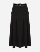 elsa.m by may Fustă Neagră Plisată Cloș cu Imitație Buzunare Curea și Elastic în Talie Evisthai