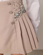 elsa.m by may Fustă-Pantaloni scurți Bej cu Fermoar Ascuns Decorată cu Circonii Perle și Nasturi Nelile