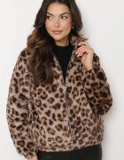 elsa.m by may Geacă Maro de blană cu manșete elastice și guler ridicat cu imprimeu leopard Viazelle