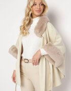 elsa.m by may Palton Poncho Bej din viscoză cu blăniță și curea în talie Simantika