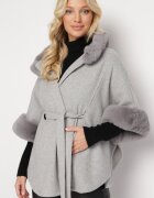elsa.m by may Pelerină Poncho Gri de Viscoză cu Blană și Curea în Talie Simantika