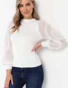 elsa.m by may Pulover Alb cu guler semi-înalt și mâneci bufante decorate cu volănașe Cyvesa