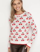 elsa.m by may Pulover Alb cu Viscoză cu Croi Simplu Decorat cu Model cu Cireșe Avandirae