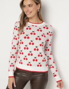 elsa.m by may Pulover Alb cu Viscoză cu Croi Simplu Decorat cu Model cu Cireșe Avandirae