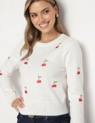 elsa.m by may Pulover Alb cu Viscoză cu Perforații Decorative și Aplicații în formă de Cireșe Nirinelle