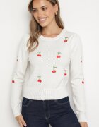 elsa.m by may Pulover Alb cu Viscoză cu Perforații Decorative și Aplicații în formă de Cireșe Nirinelle