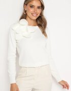 elsa.m by may Pulover Alb cu Viscoză Decorat cu Aplicație Florală 3D Finisat cu Manșete Eviyania