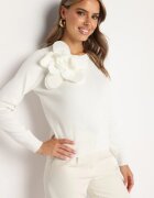 elsa.m by may Pulover Alb cu Viscoză Decorat cu Aplicație Florală 3D Finisat cu Manșete Eviyania