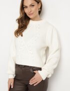 elsa.m by may Pulover alb din viscoză cu manșete striate la mâneci și relief decorativ Hariga