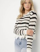 elsa.m by may Pulover Alb-Negru Ajurat Decorat cu Dantelă cu Croială Scurtă Ivelavira