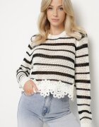 elsa.m by may Pulover Alb-Negru Ajurat Decorat cu Dantelă cu Croială Scurtă Ivelavira