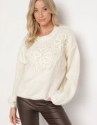 elsa.m by may Pulover Bej cu Croială Simplă cu Aplicație Decorativă în formă de Flori cu Perle Heditana