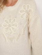 elsa.m by may Pulover Bej cu Croială Simplă cu Aplicație Decorativă în formă de Flori cu Perle Heditana