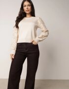 elsa.m by may Pulover Bej cu Viscoză cu Mâneci Ornamentate din Dantelă și Paiete Tiliala
