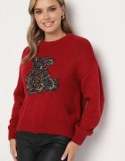 elsa.m by may Pulover Bordeaux din Viscoză Decorat cu Ursuleț și Paiete Lilimi