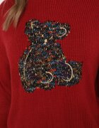 elsa.m by may Pulover Bordeaux din Viscoză Decorat cu Ursuleț și Paiete Lilimi
