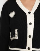 elsa.m by may Pulover Cardigan Negru din Viscoză cu Aplicație Inimă și Buzunare cu Perle Aradhya