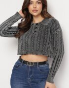 elsa.m by may Pulover Gri cu Guler Croi Scurt cu Împletitură Osoria