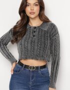 elsa.m by may Pulover Gri cu Guler Croi Scurt cu Împletitură Osoria