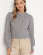 elsa.m by may Pulover Gri din Viscoză cu Manșete la Mâneci și Embosare Decorativă Hariga