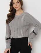 elsa.m by may Pulover Gri scurt cu franjuri pe mâneci și benzi din piele ecologică Oplera