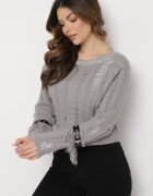 elsa.m by may Pulover Gri scurt cu franjuri pe mâneci și benzi din piele ecologică Oplera