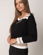elsa.m by may Pulover Negru cu Ripsuri și Lănțișor Metalic Decorativ la Decolteu Larti
