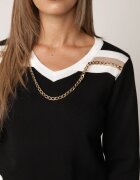 elsa.m by may Pulover Negru cu Ripsuri și Lănțișor Metalic Decorativ la Decolteu Larti