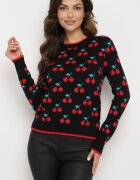 elsa.m by may Pulover Negru cu Vâscoză cu Croială Dreaptă Decorat cu Model cu Cireșe Avandirae