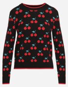 elsa.m by may Pulover Negru cu Vâscoză cu Croială Dreaptă Decorat cu Model cu Cireșe Avandirae