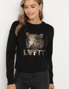 elsa.m by may Pulover Negru cu Viscoză Decorat cu text și aplicație cu Zirconii Liliran
