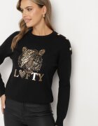 elsa.m by may Pulover Negru cu Viscoză Decorat cu text și aplicație cu Zirconii Liliran