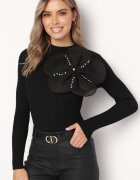 elsa.m by may Pulover Reiat Negru cu Guler semi-înalt cu Floare decorativă și Zirconii Sonelia