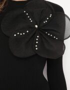elsa.m by may Pulover Reiat Negru cu Guler semi-înalt cu Floare decorativă și Zirconii Sonelia