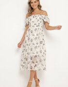 elsa.m by may Rochie Alb-Gri cu Decolteu Spaniol și Mâneci Bufante cu Imprimeu Floral Mesbia