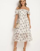 elsa.m by may Rochie Alb-Gri cu Decolteu Spaniol și Mâneci Bufante cu Imprimeu Floral Mesbia