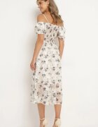 elsa.m by may Rochie Alb-Gri cu Decolteu Spaniol și Mâneci Bufante cu Imprimeu Floral Mesbia