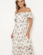 elsa.m by may Rochie Alb-Gri cu Decolteu Spaniol și Mâneci Bufante cu Imprimeu Floral Mesbia
