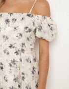 elsa.m by may Rochie Alb-Gri cu Decolteu Spaniol și Mâneci Bufante cu Imprimeu Floral Mesbia