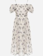 elsa.m by may Rochie Alb-Gri cu Decolteu Spaniol și Mâneci Bufante cu Imprimeu Floral Mesbia
