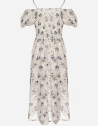elsa.m by may Rochie Alb-Gri cu Decolteu Spaniol și Mâneci Bufante cu Imprimeu Floral Mesbia