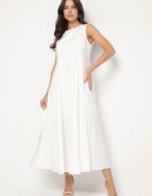 elsa.m by may Rochie Albă Cloș din Bumbac și Viscoză Decorată cu Crăpătură pe Picior Devirael