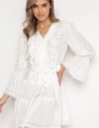 elsa.m by may Rochie Albă Evazată Mini cu Volane Decorative Nasturi și Curea din Material în Talie Miorma