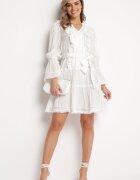 elsa.m by may Rochie Albă Evazată Mini cu Volane Decorative Nasturi și Curea din Material în Talie Miorma