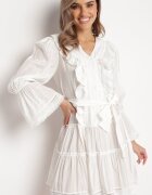 elsa.m by may Rochie Albă Evazată Mini cu Volane Decorative Nasturi și Curea din Material în Talie Miorma