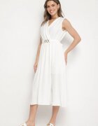 elsa.m by may Rochie Albă Evazată Ornată cu o Curea cu Cataramă Tinilsa