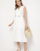 elsa.m by may Rochie Albă Evazată Ornată cu o Curea cu Cataramă Tinilsa