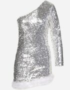 elsa.m by may Rochie Asimetrică Argintie cu croială mulată cu paiete și pene Senathira