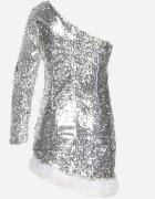 elsa.m by may Rochie Asimetrică Argintie cu croială mulată cu paiete și pene Senathira